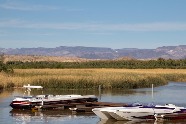 Marina, boats, reeds and mountains