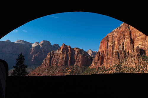 Zion cliffs from tunnel window