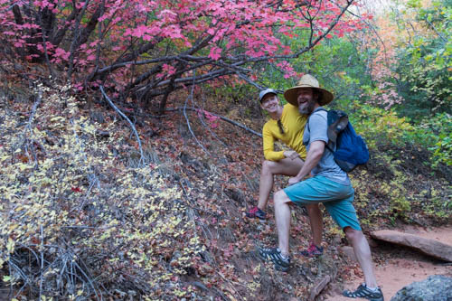 Two hikers standing next to red leafed shrub