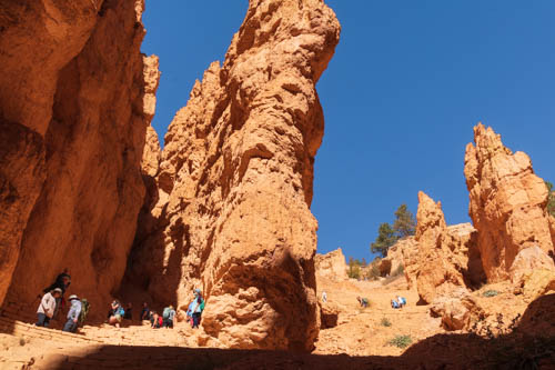 View looking up at trail switchbacks and rock outcroppings
