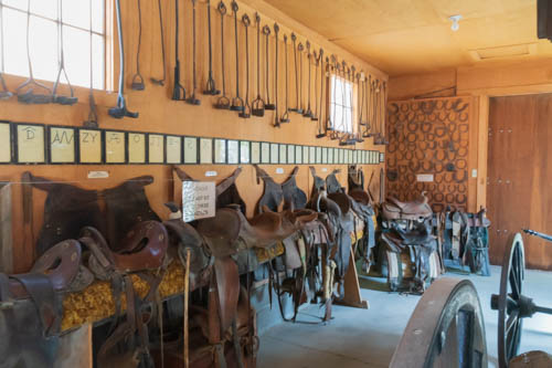 Saddles, brands, horseshoes on display 