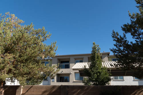 Apartment building, blue sky, trees, over behind brickwall